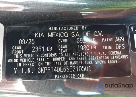 2025 Kia K4 Lx/Lxs from USA, damaged, VIN 3KPFT4DE6SE210501